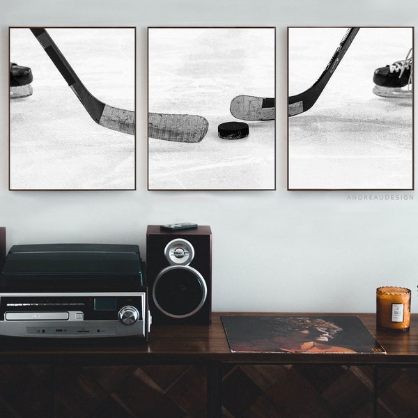 Set of 3 Black and White Hockey Stick and Puck Prints, Hockey Player Printable Art, Sports Coach Gift, Teen Room Wall Art, NHL Hockey Poster