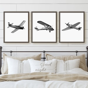 Matching Black and White Airplane Art Prints, Vintage Plane Painting, Printable Gift, Boy Wall Art, Kid Boys Bedroom Decor, Modern Simple,