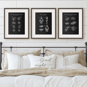 Set of 3 White on Black Building Toy Prints, Teen Room Wall Art, Printable Artwork, Boy Bedoom Decor, Kids Play Room Poster Gift, Download