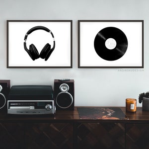 Matching Black and White Headphones Art and Vinyl Record Prints, Teen Boy Wall Art, Teenage Boys Bedroom Decor, Modern Printable Poster