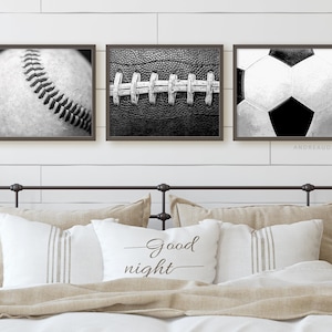 Matching Sports Balls Prints, Black and White Baseball, Soccer Ball, Football, Teen Boy Wall, Teenage Room Decor, Tween Art Gift, Printable