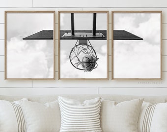 Lot de 3 impressions de panier de basket-ball, art imprimable noir et blanc de basket-ball, cadeau entraîneur de basket-ball, art mural adolescents, affiche de basket-ball NBA