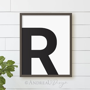 Arte de la letra R, primera inicial en blanco y negro, arte de la pared del niño adolescente, dormitorio del adolescente, impresión adolescente para las niñas, arte de la habitación de los niños, regalo de cumpleaños