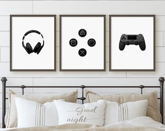 Set of 3 Black and White Headphones Art and Video Game Prints, Teen Boy Wall Art, Teenage Boys Bedroom Decor, Gamer Gift, Poster Printable