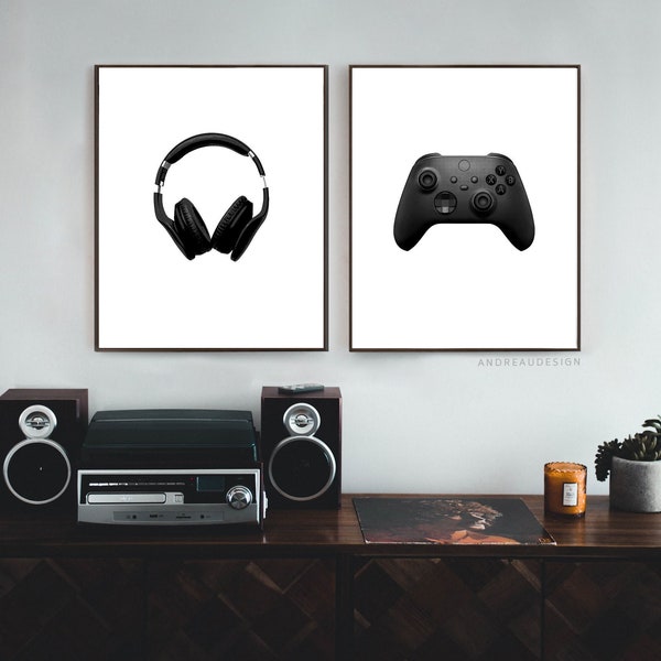 Matching Black and White Headphones Art and Video Game Prints, Teenage Boy Room Decor, Teen Boy Wall Art, Tween Artwork Gift, Modern Poster