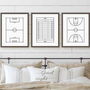 Set of 3 Black and White Sports Field Prints, Printable Teen Room Wall Art, Boy Bedroom Decor, Kids Picture, Boys Poster, Sports Gift | 100