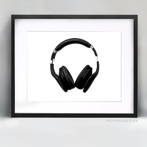 Black and White Music Headphones Home Decor, Earphones Musical Printable Art, DJ Gift Wall Art, Teen Boy Bedroom Poster, Teenage Girl Room