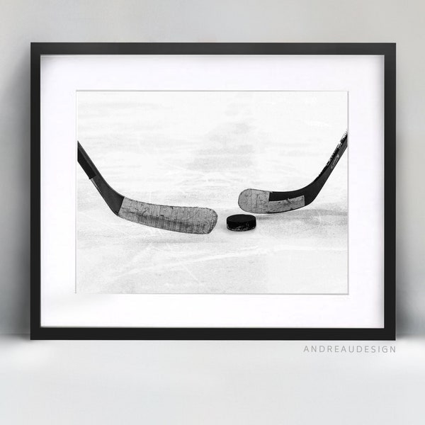 Ice Hockey Stick and Hockey Puck Home Decor, Black and White Printable Art, Hockey Player Coach Gift Wall Artwork, Teenager Boy Cool Poster