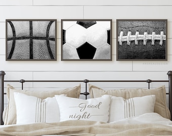 Matching Close Up Black and White Sports Balls Prints, Teen Boy Wall Art, Teenager Bedroom Decor, Tween Room Artwork, Printable Boys Poster