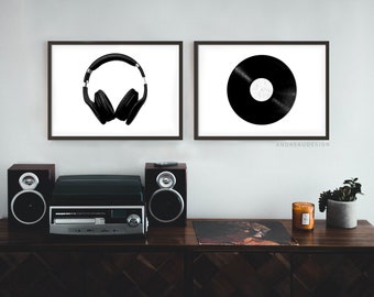 Écouteurs noir et blanc assortis Art et impressions de disques vinyles, Art mural adolescent, Décor de chambre pour adolescents garçons, Affiche imprimable moderne