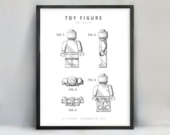 Toy Figure Patent Art, Minifigure Wall Art, Teen Boy Bedroom DIY Printable, Kid Home Decor, Black and White Modern Poster, Digital Download