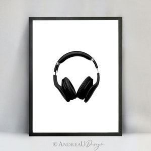 Black and White Music Headphones Art, Teen Printable Wall Home Decor, DJ Gift, Teenager Boy Bedroom, Teen Art for Boys, Kids Room Wall Decor