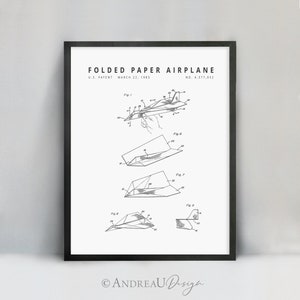 Arte de patente de avión de papel, decoración del hogar de papel plegable, avión de papel imprimible, dormitorio para niños, arte de pared de habitación para adolescentes en blanco y negro, imprimible