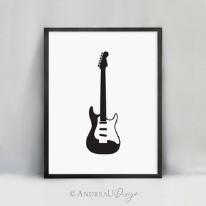 Black and White Electric Guitar Printable Art, Music Guitar Wall Artwork, Musician Gift Idea, Teen Boy Wall Art, Simple Band Poster,Download
