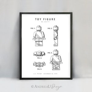 Toy Figure Patent Art, Minifigure Wall Art, Teen Boy Bedroom DIY Printable, Kid Home Decor, Black and White Modern Poster, Digital Download