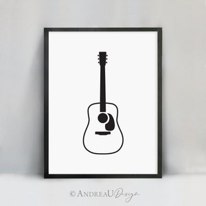 Black and White Acoustic Guitar Printable Art, Music Guitar Wall Artwork, Musician Gift Idea, Teen Boy Wall Art, Simple Band Poster,Download