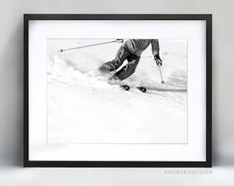 Impression de skieur alpin noir et blanc, cadeau entraîneur de ski, affiche de ski de montagne, impression de sports d'hiver, art de chambre d'adolescent, décoration murale de chambre d'ado