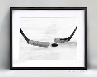 Ice Hockey Stick and Hockey Puck Home Decor, Black and White Printable Art, Hockey Player Coach Gift Wall Artwork, Teenager Boy Cool Poster
