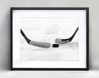 Bâton de hockey sur glace et rondelle de hockey Décoration intérieure, Art imprimable en noir et blanc, Œuvre murale cadeau pour entraîneur de joueur de hockey, Affiche cool pour garçon adolescent