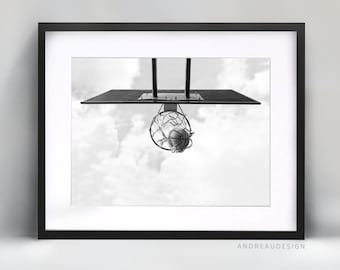 Filet de basket-ball et impression de balle, art imprimable noir et blanc, art mural de garçons adolescents, décor de chambre de garçon adolescent, cadeau d'entraîneur de basket-ball, affiche NBA