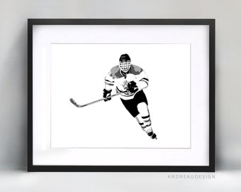 Décoration d'intérieur de joueur de hockey, oeuvre d'art imprimable hockey sur glace noir et blanc, affiche cadeau entraîneur sportif, art mural chambre d'adolescent, peinture hockey de la LNH