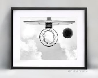 Basketball Hoop and Ball Printable Wall Art, Noir et blanc Basketball Home Decor, Basketball Coach Gift, Teen Bedroom Print, NBA Basketball