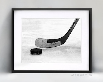 Bâton de hockey et rondelle de hockey Home Decor, Art imprimable noir et blanc pour adolescent, oeuvre de cadeau d’entraîneur de joueur de hockey sur glace, Art mural adolescent