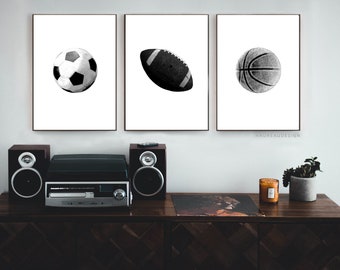 Set of 3 Black and White Sports Prints, Teen Boy Wall Art, Teenager Bedroom Decor, Dorm Room Artwork, Modern Simple, DIY Poster Printable
