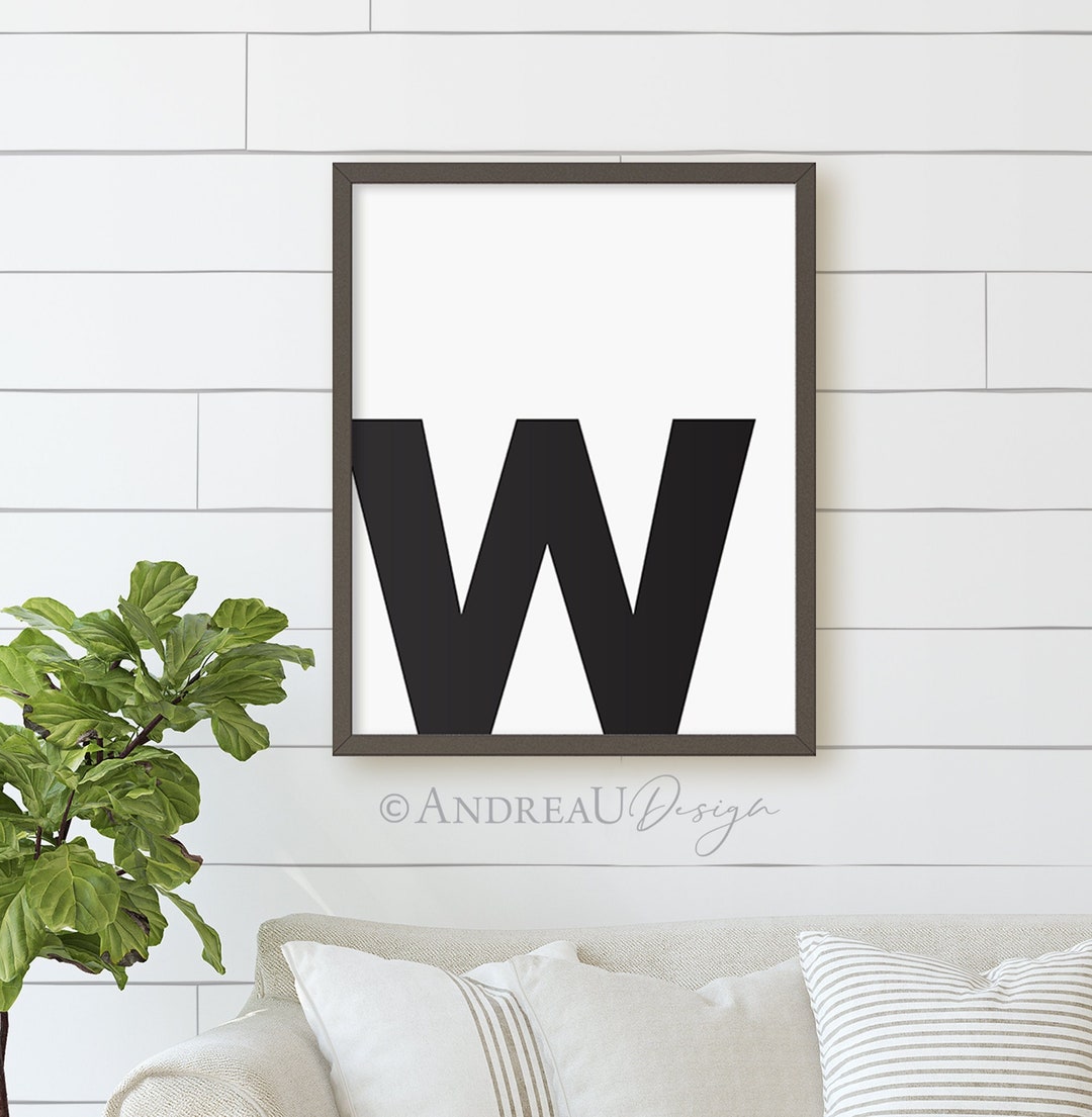 W Letter Art, Black and White First Initial, Teen Boy Wall Art ...