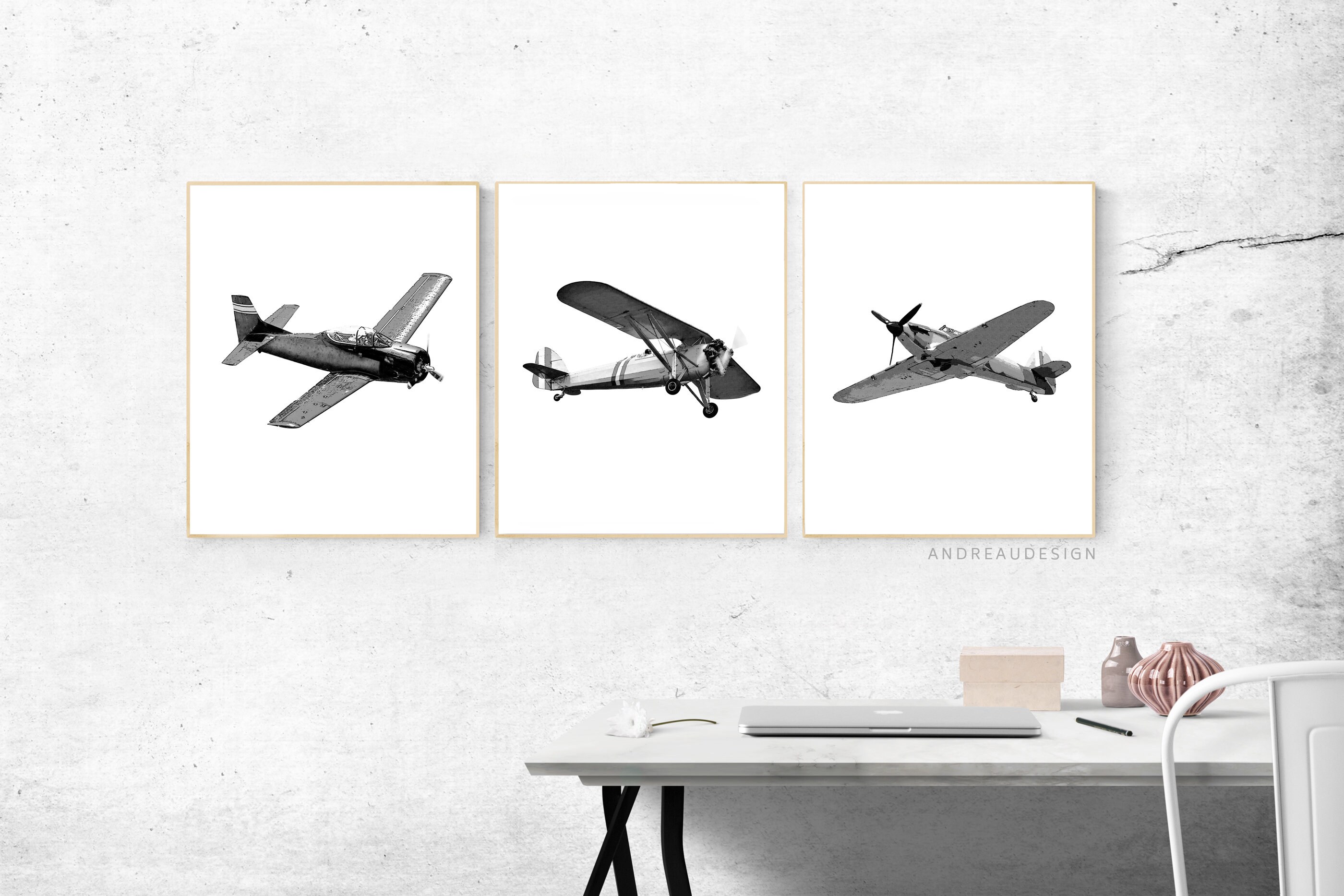 Matching Black and White Airplane Art Prints, Vintage Plane Painting ...