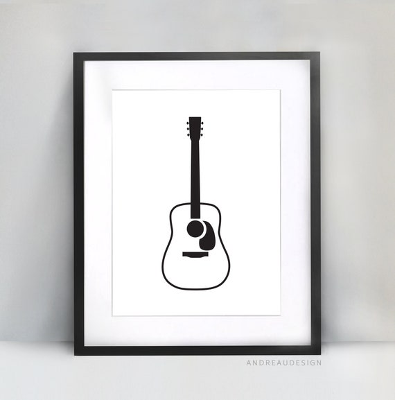Black and White Acoustic Guitar Printable Art, Music Guitar