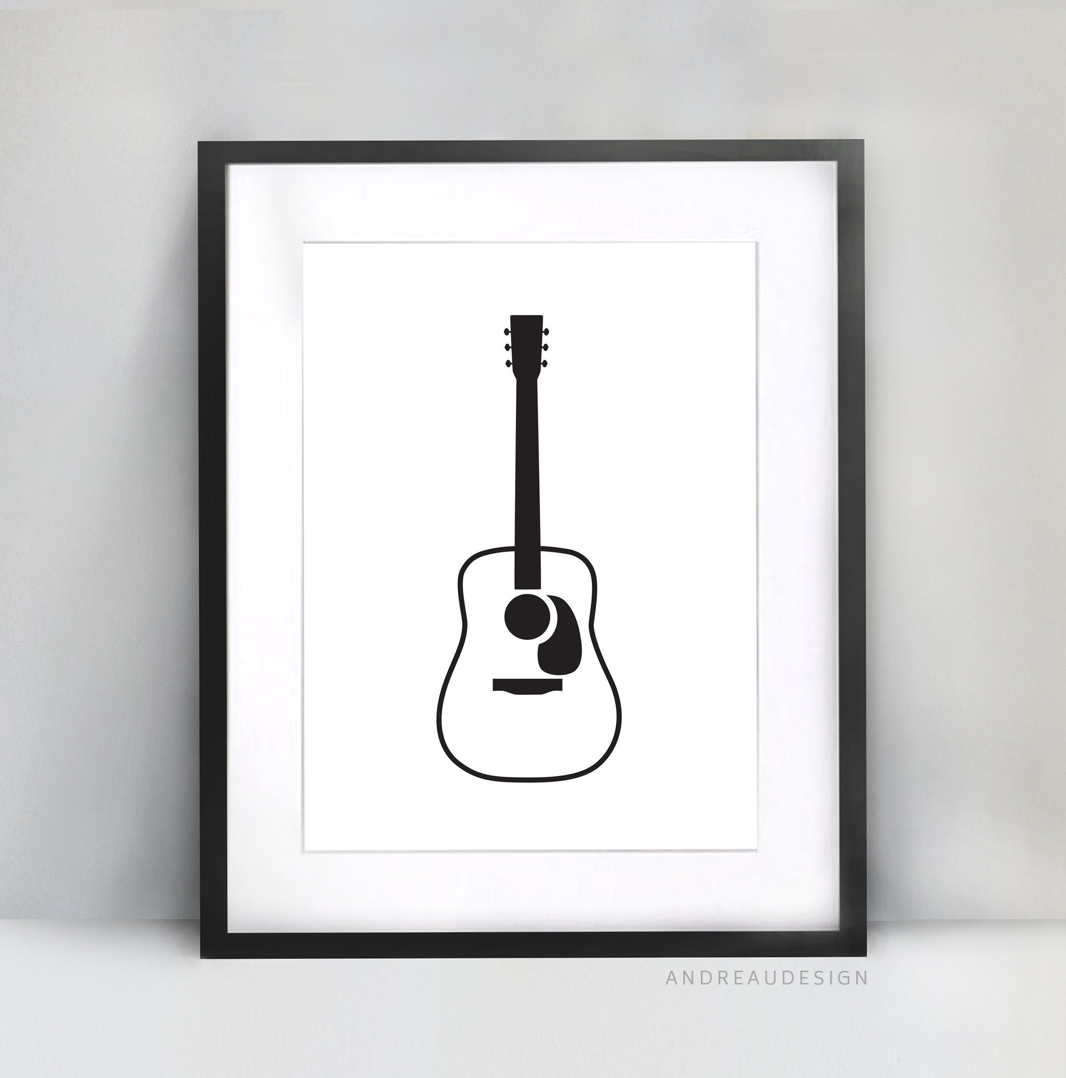Black and White Acoustic Guitar Printable Art, Music Guitar
