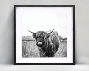 Yak Square Print, Highland Cow Art, Horned Cow Decor, Farmhouse Chic Decor, Black and White Artwork, Home Decor Print, Digital Download