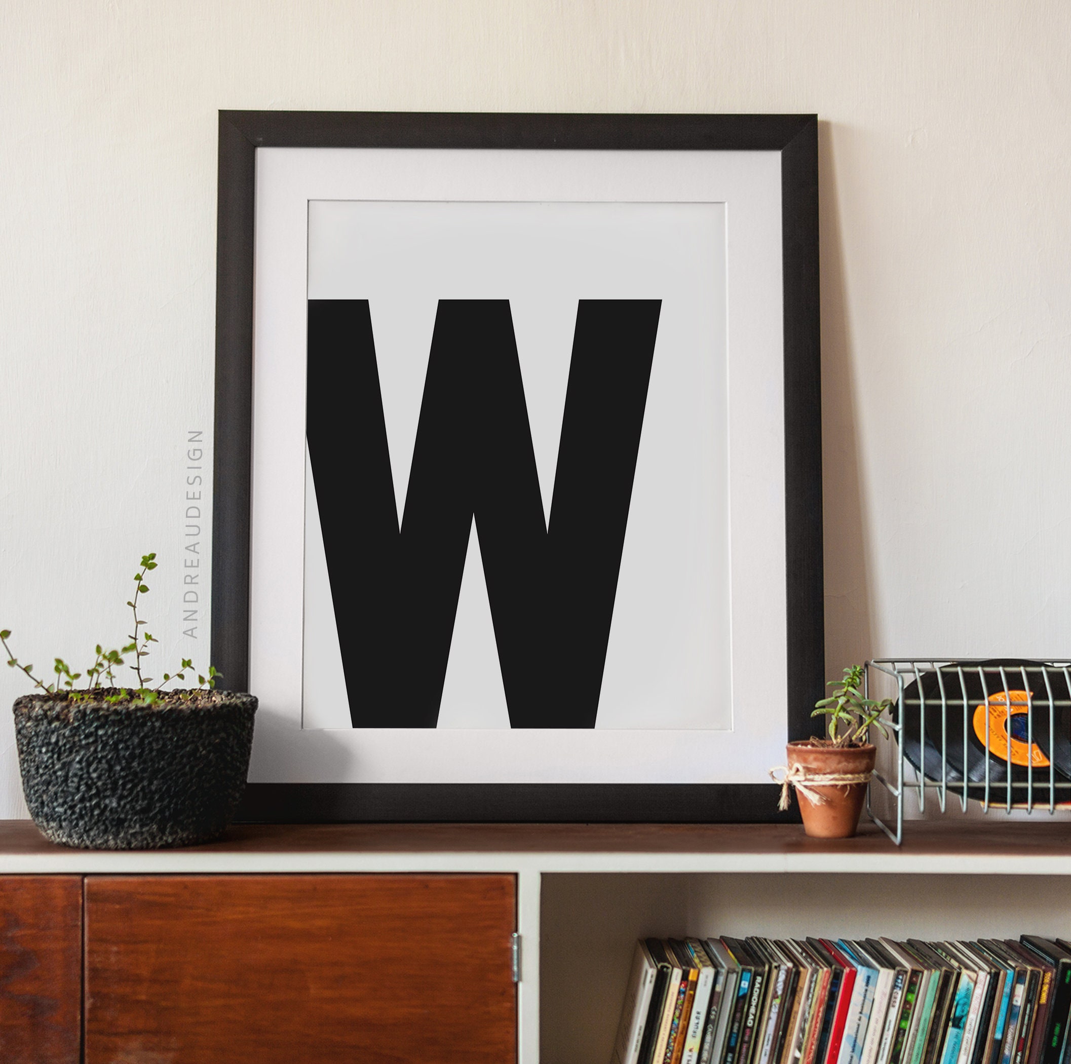 W Letter Art, Black and White First Initial, Teen Boy Wall Art ...