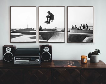 Set of 3 Black and White Skateboard Park Prints, Skateboard Printable Art, Boarding Teen Bedroom Home Decor, Venice Beach California Poster
