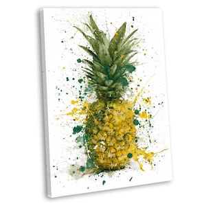 May include: A canvas print featuring a watercolour pineapple. The fruit is yellow with green leaves, surrounded by splashes of green and yellow paint against a white backdrop. A vibrant piece of art.