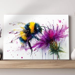 May include: A watercolour painting of a bumblebee and a purple thistle. The bee is depicted in yellow and black, with blue hues. The flower is a vibrant purple with green and pink details. The artwork is on a white canvas.