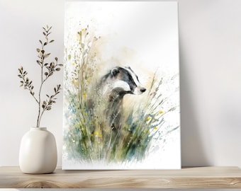 May include: Watercolor painting of a badger in a field of tall grass and wildflowers. The badger has black and white markings and is partially obscured by the foliage. The artwork is displayed on a white canvas, creating a nature-themed aesthetic.