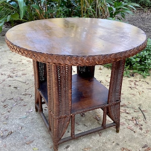 Antique Rattan Wicker Round Table with Braided Edge, Iron Base