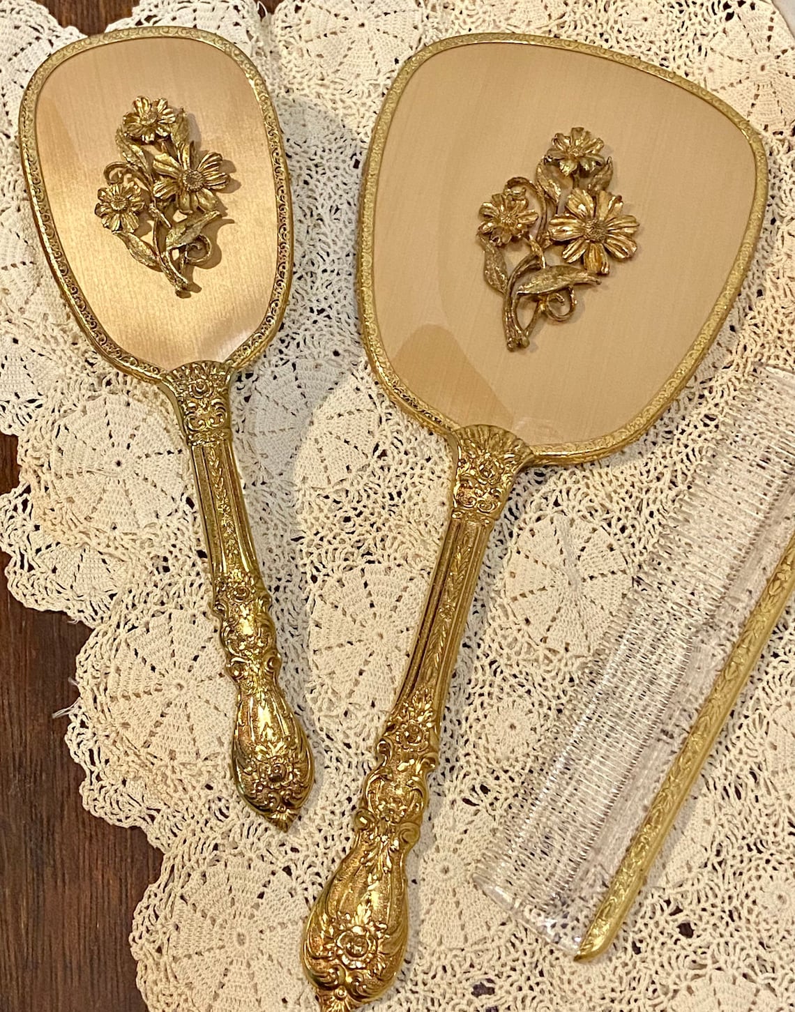 Vintage Gold with Flowers Mirror Brush Comb Vanity Set Etsy