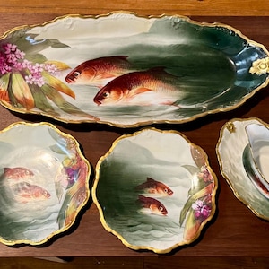 Antique French Limoges  Huge Fish Platter Plates Gravy Boat signed