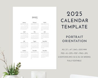 2025 Calendar Template, Large Printable 12 Month Wall Calendar, Fully Editable Customizable Yearly Calendar, Free Commercial License