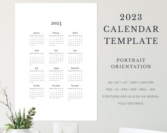 2023 calendar template large printable 12 month wall etsy