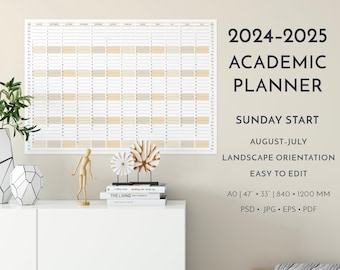 Printable 2024–2025 Academic Wall Planner Sunday Start, Academic Year August 2024–July 2025 Calendar Template, Free Commercial License