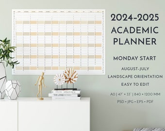 Printable 2024–2025 Academic Wall Planner Monday Start, Academic Year August 2024–July 2025 Calendar Template, Free Commercial License