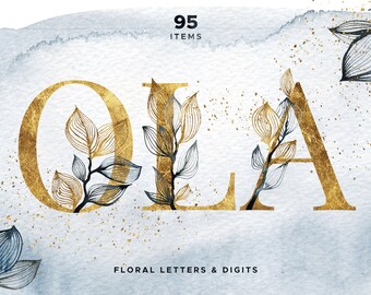 OLA Floral Gold Alphabet Clipart, Monogram Font, Floral Letters Initials, Gold Numerals Digit Numbers, Watercolor Background Wedding Clipart
