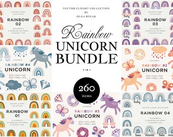 Rainbow Unicorn SVG Bundle — Rainbow, Unicorn, Butterfly, Cloud, Donut, Seamless Pattern, Nursery Clip Art, DIY Logo, Commercial License