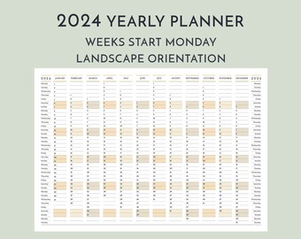 2024 Yearly Wall Planner Monday Start, Printable 12 Month Landscape Calendar, Minimalist Customized Template, Commercial License