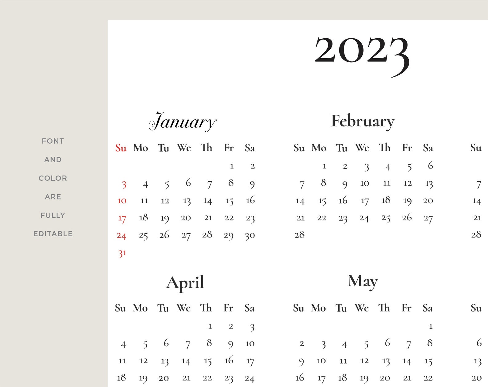 2023 Calendar Template Large Printable 12 Month Wall Etsy