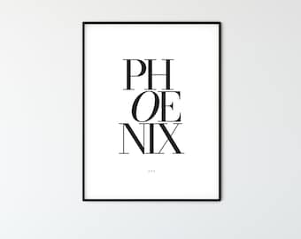 PHOENIX City Name Typography Poster, Minimalist Printable Wall Art, Aesthetic Room Decor for Digital Download